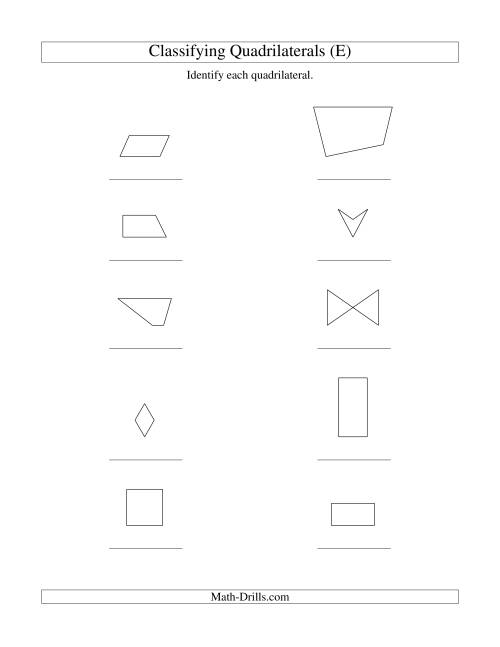 The Classifying Quadrilaterals (No Rotation) (E) Math Worksheet