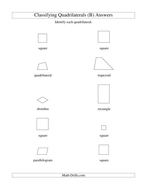 The Classifying Quadrilaterals (Squares, Rectangles, Parallelograms, Trapezoids, Rhombuses, and Undefined) (B) Math Worksheet Page 2