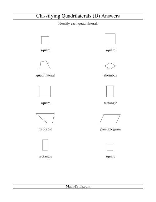 The Classifying Quadrilaterals (Squares, Rectangles, Parallelograms, Trapezoids, Rhombuses, and Undefined) (D) Math Worksheet Page 2