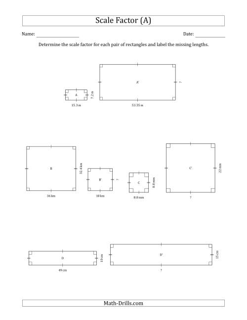 The Determine the Scale Factor Between Two Rectangles and Determine the Missing Lengths (Scale Factors in Intervals of 0.5) (A) Math Worksheet