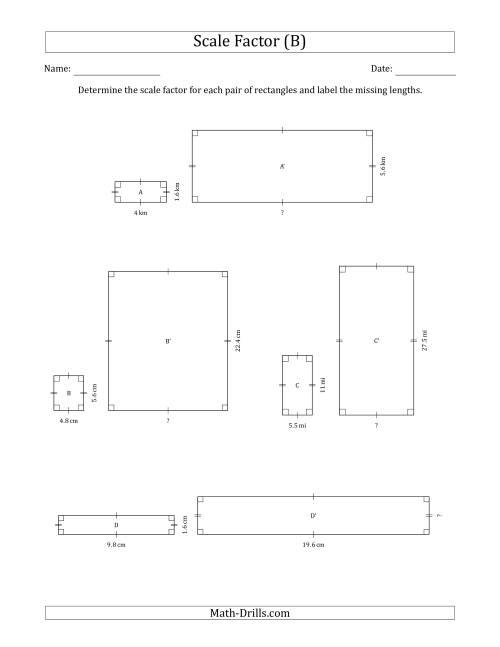 The Determine the Scale Factor Between Two Rectangles and Determine the Missing Lengths (Scale Factors in Intervals of 0.5) (B) Math Worksheet