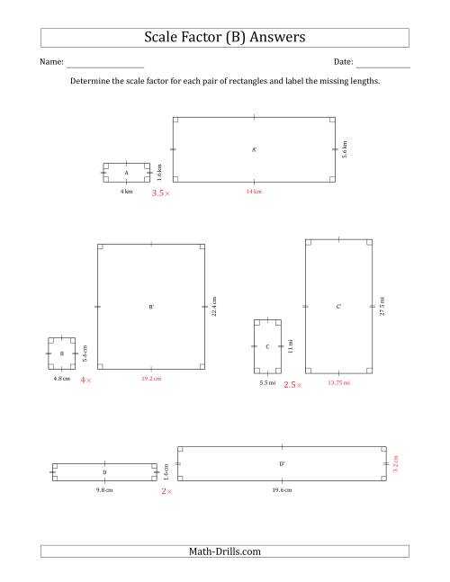The Determine the Scale Factor Between Two Rectangles and Determine the Missing Lengths (Scale Factors in Intervals of 0.5) (B) Math Worksheet Page 2