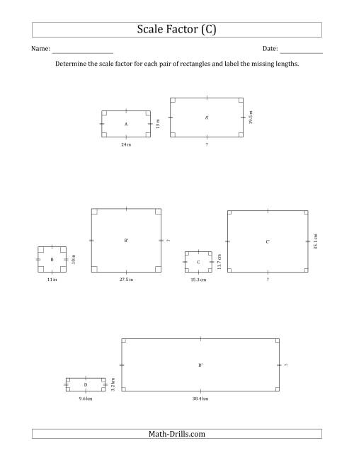 The Determine the Scale Factor Between Two Rectangles and Determine the Missing Lengths (Scale Factors in Intervals of 0.5) (C) Math Worksheet