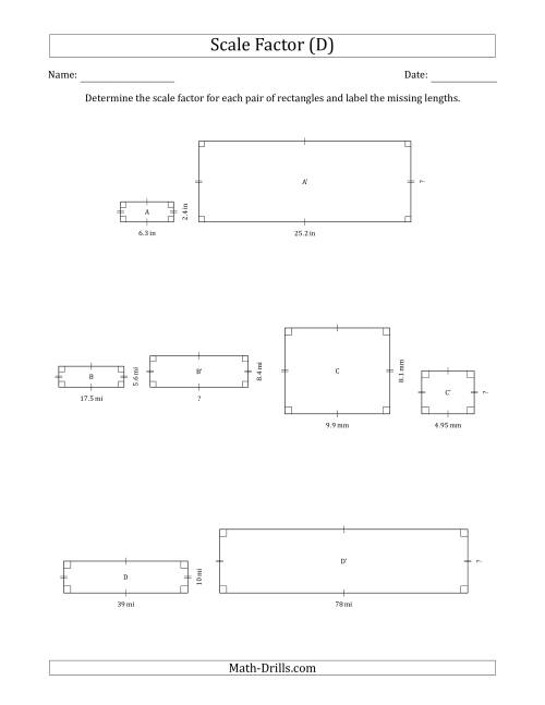 The Determine the Scale Factor Between Two Rectangles and Determine the Missing Lengths (Scale Factors in Intervals of 0.5) (D) Math Worksheet