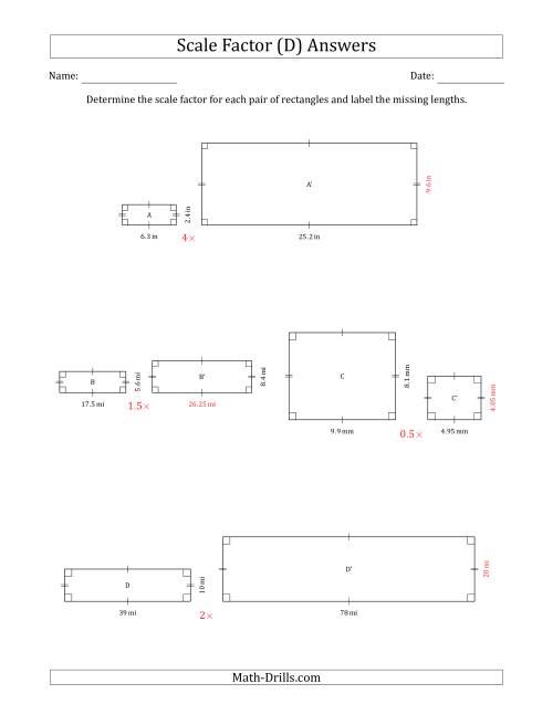The Determine the Scale Factor Between Two Rectangles and Determine the Missing Lengths (Scale Factors in Intervals of 0.5) (D) Math Worksheet Page 2