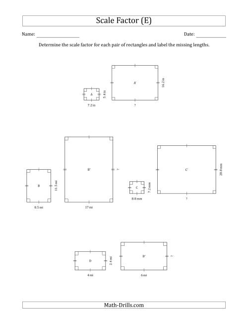 The Determine the Scale Factor Between Two Rectangles and Determine the Missing Lengths (Scale Factors in Intervals of 0.5) (E) Math Worksheet