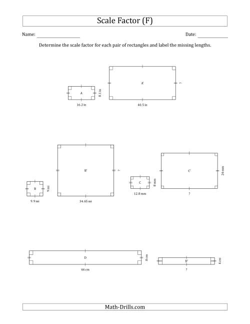 The Determine the Scale Factor Between Two Rectangles and Determine the Missing Lengths (Scale Factors in Intervals of 0.5) (F) Math Worksheet
