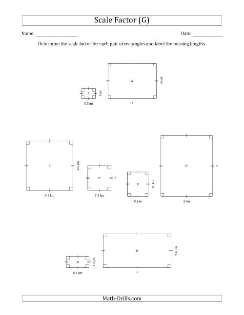 The Determine the Scale Factor Between Two Rectangles and Determine the Missing Lengths (Scale Factors in Intervals of 0.5) (G) Math Worksheet