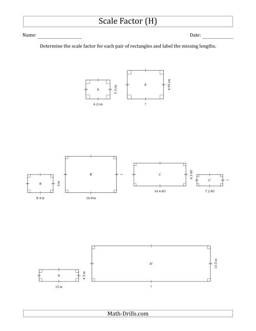 The Determine the Scale Factor Between Two Rectangles and Determine the Missing Lengths (Scale Factors in Intervals of 0.5) (H) Math Worksheet