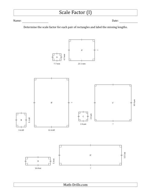 The Determine the Scale Factor Between Two Rectangles and Determine the Missing Lengths (Scale Factors in Intervals of 0.5) (I) Math Worksheet