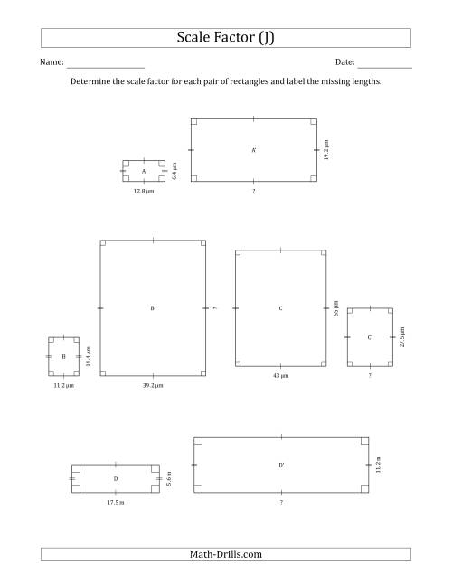 The Determine the Scale Factor Between Two Rectangles and Determine the Missing Lengths (Scale Factors in Intervals of 0.5) (J) Math Worksheet