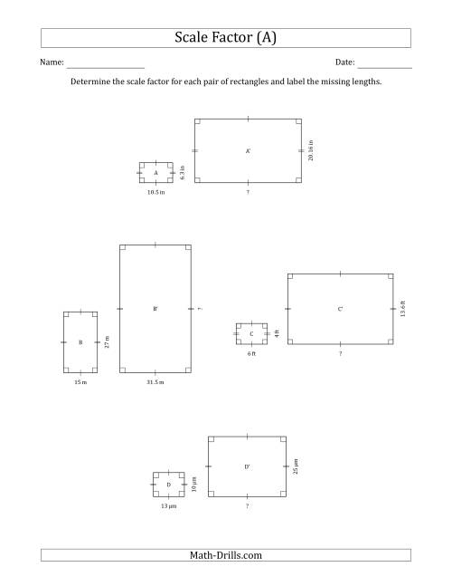 The Determine the Scale Factor Between Two Rectangles and Determine the Missing Lengths (Scale Factors in Intervals of 0.1) (A) Math Worksheet