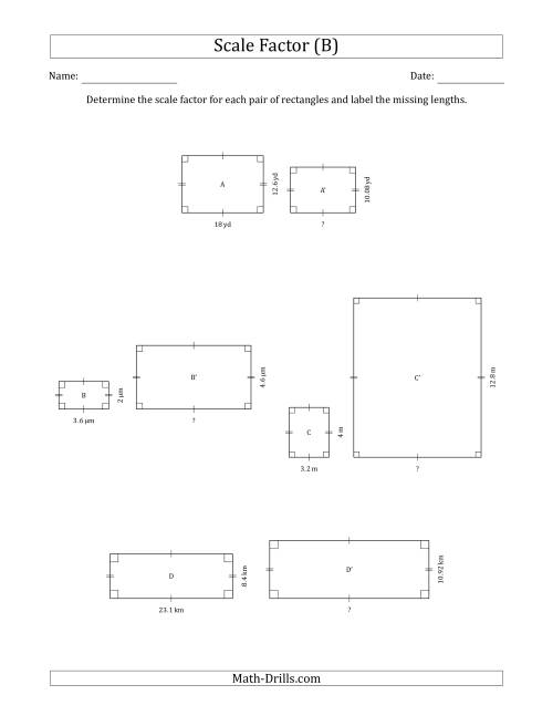 The Determine the Scale Factor Between Two Rectangles and Determine the Missing Lengths (Scale Factors in Intervals of 0.1) (B) Math Worksheet