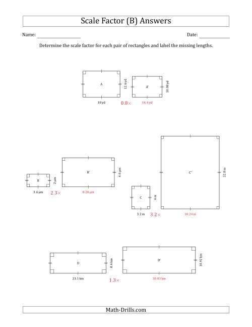 The Determine the Scale Factor Between Two Rectangles and Determine the Missing Lengths (Scale Factors in Intervals of 0.1) (B) Math Worksheet Page 2