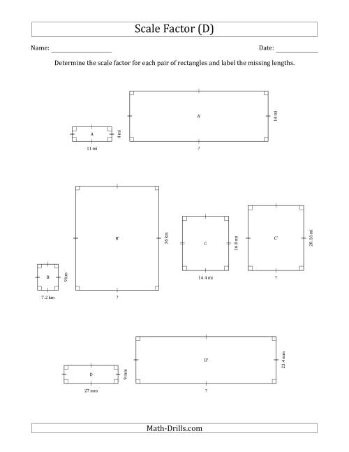The Determine the Scale Factor Between Two Rectangles and Determine the Missing Lengths (Scale Factors in Intervals of 0.1) (D) Math Worksheet