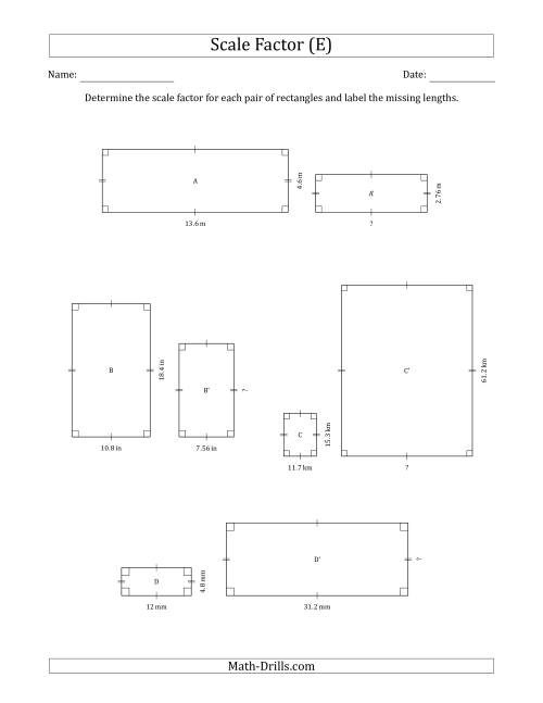 The Determine the Scale Factor Between Two Rectangles and Determine the Missing Lengths (Scale Factors in Intervals of 0.1) (E) Math Worksheet