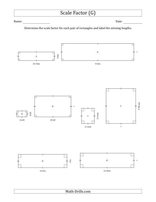 The Determine the Scale Factor Between Two Rectangles and Determine the Missing Lengths (Scale Factors in Intervals of 0.1) (G) Math Worksheet