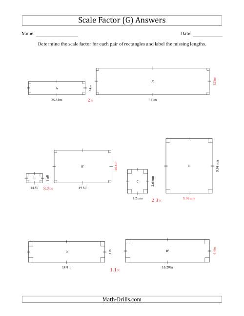 The Determine the Scale Factor Between Two Rectangles and Determine the Missing Lengths (Scale Factors in Intervals of 0.1) (G) Math Worksheet Page 2