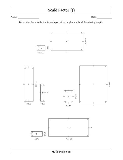 The Determine the Scale Factor Between Two Rectangles and Determine the Missing Lengths (Scale Factors in Intervals of 0.1) (J) Math Worksheet