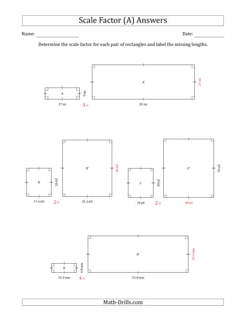 The Determine the Scale Factor Between Two Rectangles and Determine the Missing Lengths (Whole Number Scale Factors) (A) Math Worksheet Page 2