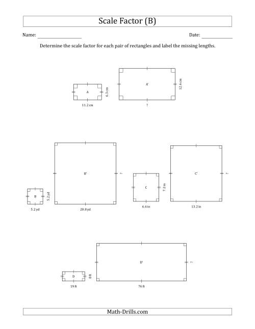 The Determine the Scale Factor Between Two Rectangles and Determine the Missing Lengths (Whole Number Scale Factors) (B) Math Worksheet