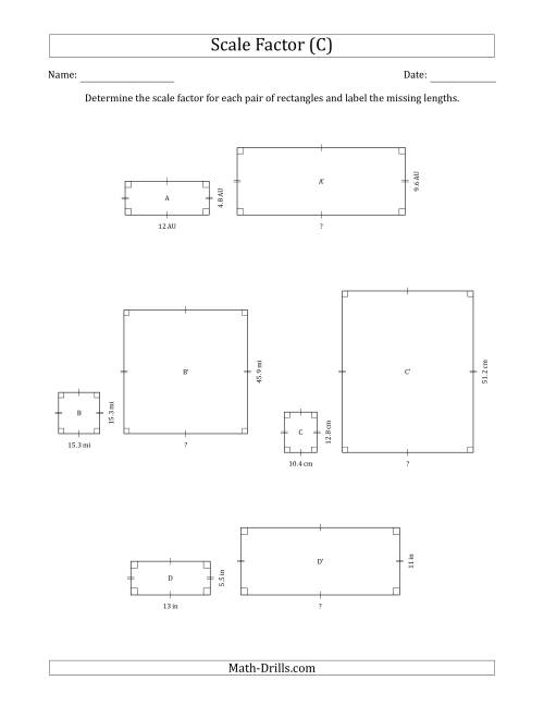 The Determine the Scale Factor Between Two Rectangles and Determine the Missing Lengths (Whole Number Scale Factors) (C) Math Worksheet