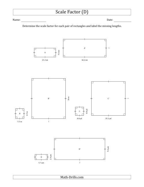 The Determine the Scale Factor Between Two Rectangles and Determine the Missing Lengths (Whole Number Scale Factors) (D) Math Worksheet