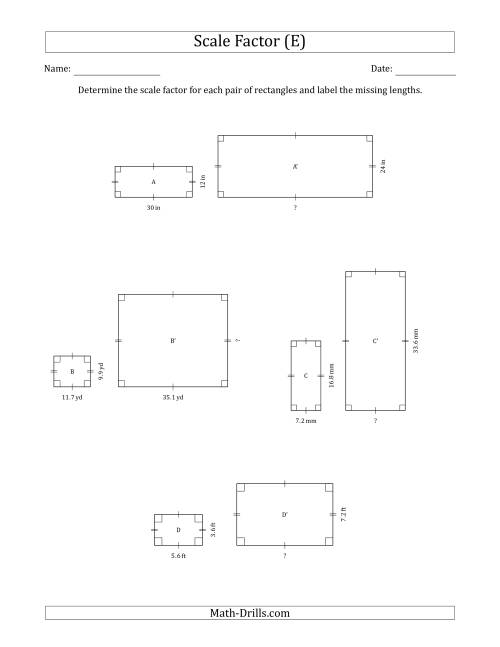 The Determine the Scale Factor Between Two Rectangles and Determine the Missing Lengths (Whole Number Scale Factors) (E) Math Worksheet