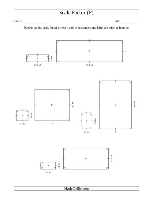 The Determine the Scale Factor Between Two Rectangles and Determine the Missing Lengths (Whole Number Scale Factors) (F) Math Worksheet