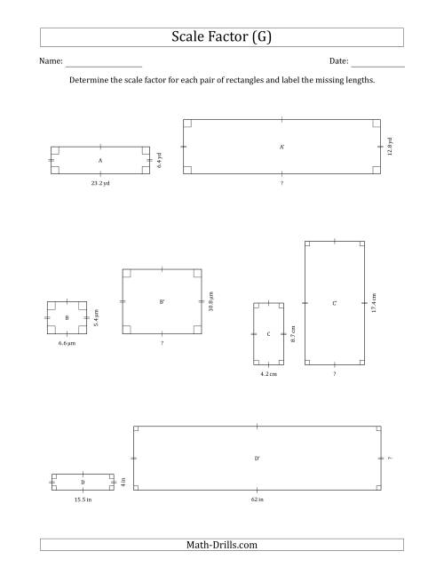 The Determine the Scale Factor Between Two Rectangles and Determine the Missing Lengths (Whole Number Scale Factors) (G) Math Worksheet