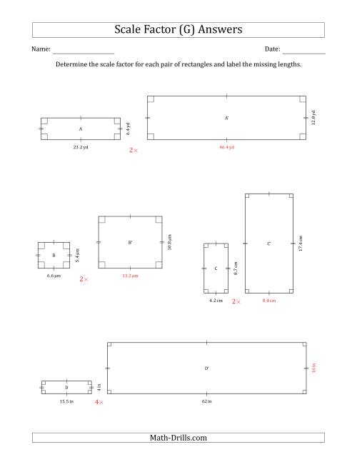 The Determine the Scale Factor Between Two Rectangles and Determine the Missing Lengths (Whole Number Scale Factors) (G) Math Worksheet Page 2