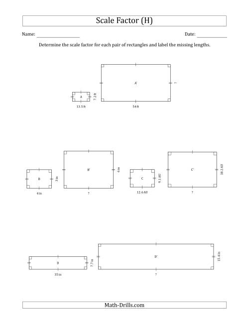 The Determine the Scale Factor Between Two Rectangles and Determine the Missing Lengths (Whole Number Scale Factors) (H) Math Worksheet