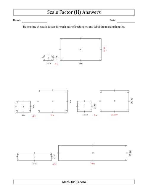 The Determine the Scale Factor Between Two Rectangles and Determine the Missing Lengths (Whole Number Scale Factors) (H) Math Worksheet Page 2