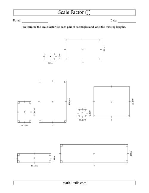 The Determine the Scale Factor Between Two Rectangles and Determine the Missing Lengths (Whole Number Scale Factors) (J) Math Worksheet