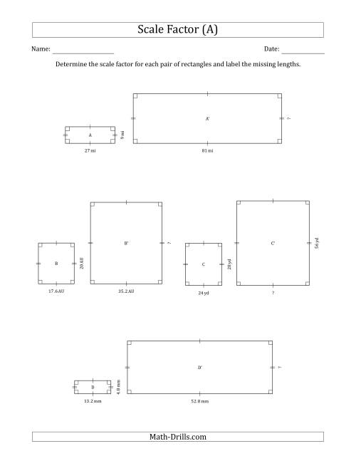 The Determine the Scale Factor Between Two Rectangles and Determine the Missing Lengths (Whole Number Scale Factors) (All) Math Worksheet