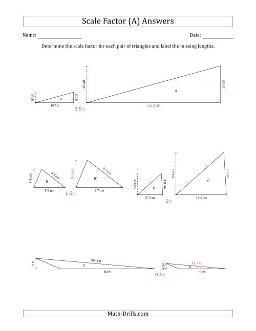 The Determine the Scale Factor Between Two Triangles and Determine the Missing Lengths (Scale Factors in Increments of 0.5) (A) Math Worksheet Page 2