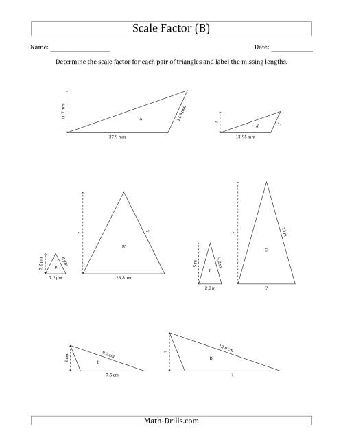 The Determine the Scale Factor Between Two Triangles and Determine the Missing Lengths (Scale Factors in Increments of 0.5) (B) Math Worksheet