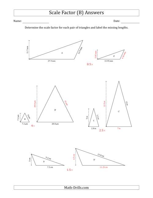 The Determine the Scale Factor Between Two Triangles and Determine the Missing Lengths (Scale Factors in Increments of 0.5) (B) Math Worksheet Page 2