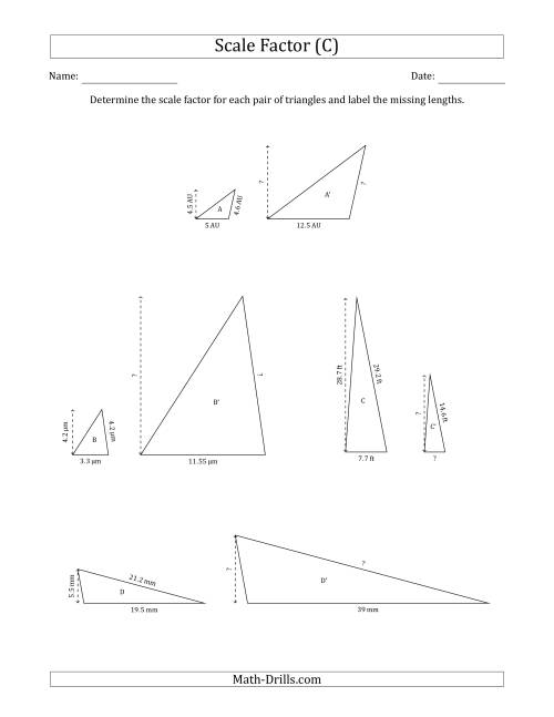 The Determine the Scale Factor Between Two Triangles and Determine the Missing Lengths (Scale Factors in Increments of 0.5) (C) Math Worksheet