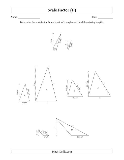 The Determine the Scale Factor Between Two Triangles and Determine the Missing Lengths (Scale Factors in Increments of 0.5) (D) Math Worksheet