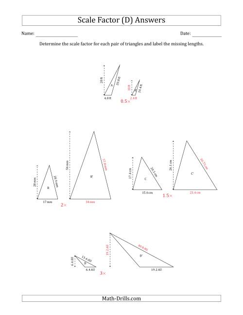 The Determine the Scale Factor Between Two Triangles and Determine the Missing Lengths (Scale Factors in Increments of 0.5) (D) Math Worksheet Page 2
