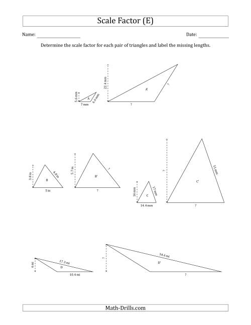 The Determine the Scale Factor Between Two Triangles and Determine the Missing Lengths (Scale Factors in Increments of 0.5) (E) Math Worksheet