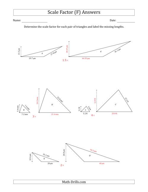The Determine the Scale Factor Between Two Triangles and Determine the Missing Lengths (Scale Factors in Increments of 0.5) (F) Math Worksheet Page 2