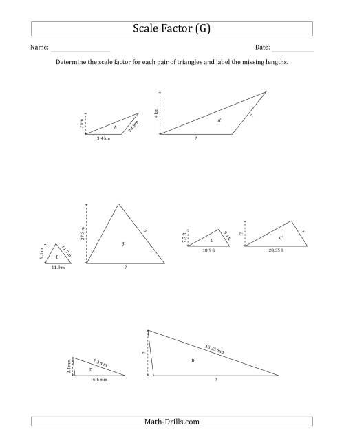 The Determine the Scale Factor Between Two Triangles and Determine the Missing Lengths (Scale Factors in Increments of 0.5) (G) Math Worksheet
