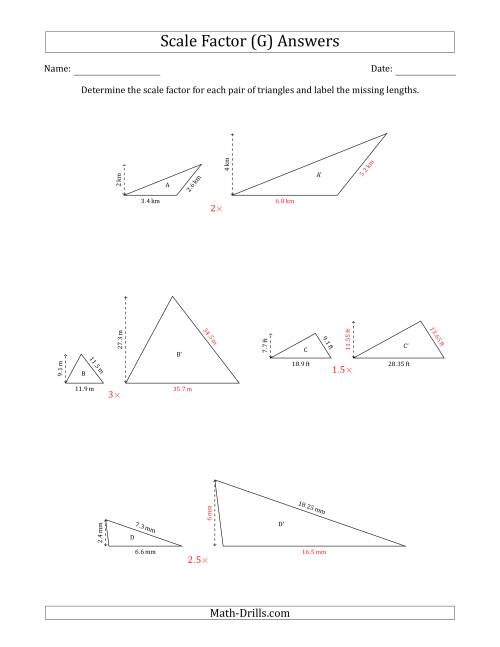 The Determine the Scale Factor Between Two Triangles and Determine the Missing Lengths (Scale Factors in Increments of 0.5) (G) Math Worksheet Page 2