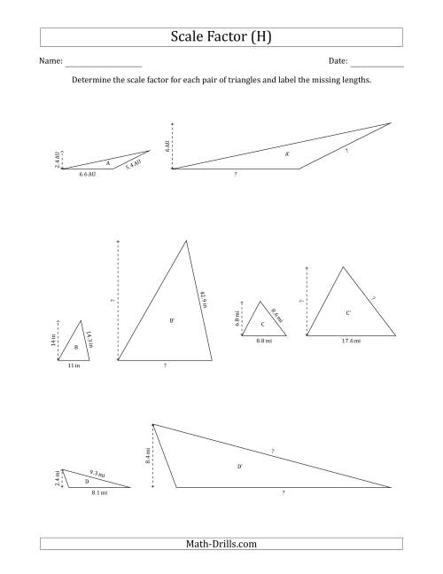 The Determine the Scale Factor Between Two Triangles and Determine the Missing Lengths (Scale Factors in Increments of 0.5) (H) Math Worksheet
