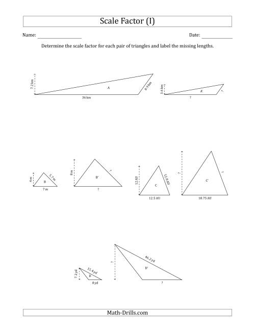The Determine the Scale Factor Between Two Triangles and Determine the Missing Lengths (Scale Factors in Increments of 0.5) (I) Math Worksheet