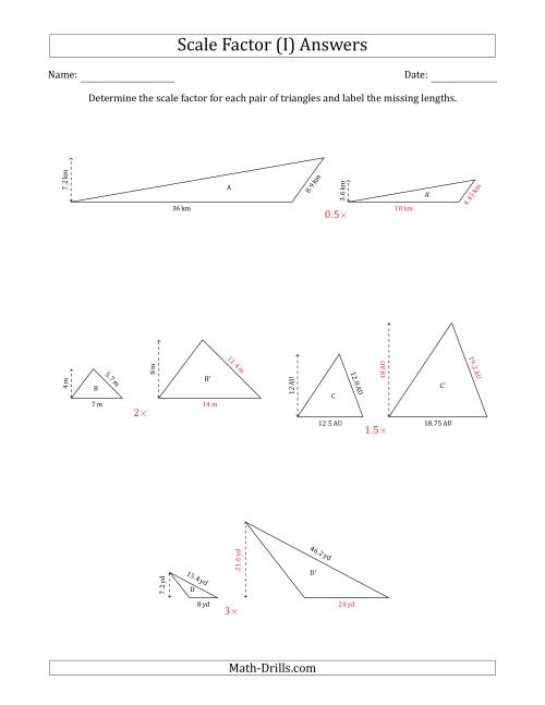 The Determine the Scale Factor Between Two Triangles and Determine the Missing Lengths (Scale Factors in Increments of 0.5) (I) Math Worksheet Page 2