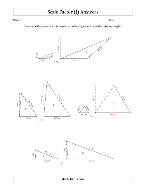 The Determine the Scale Factor Between Two Triangles and Determine the Missing Lengths (Scale Factors in Increments of 0.5) (J) Math Worksheet Page 2