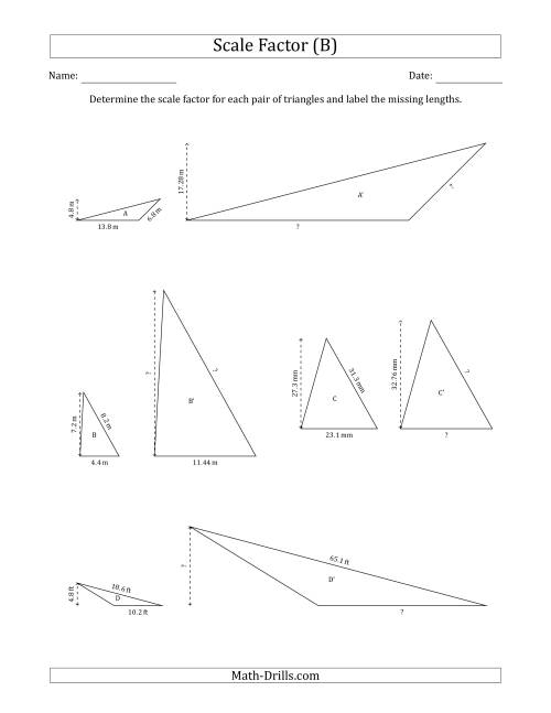 The Determine the Scale Factor Between Two Triangles and Determine the Missing Lengths (Scale Factors in Increments of 0.1) (B) Math Worksheet